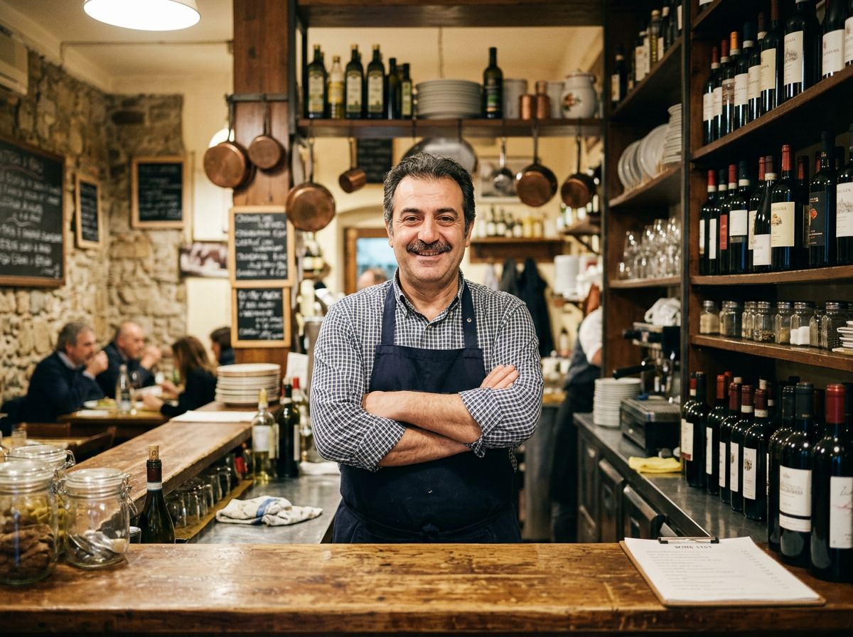 Il titolare di una trattoria milanese dietro al bancone del suo locale