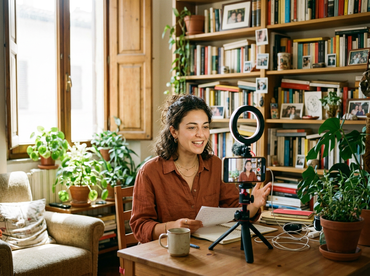 Una giovane creator si riprende con lo smartphone su un treppiede nell'appartamento di casa