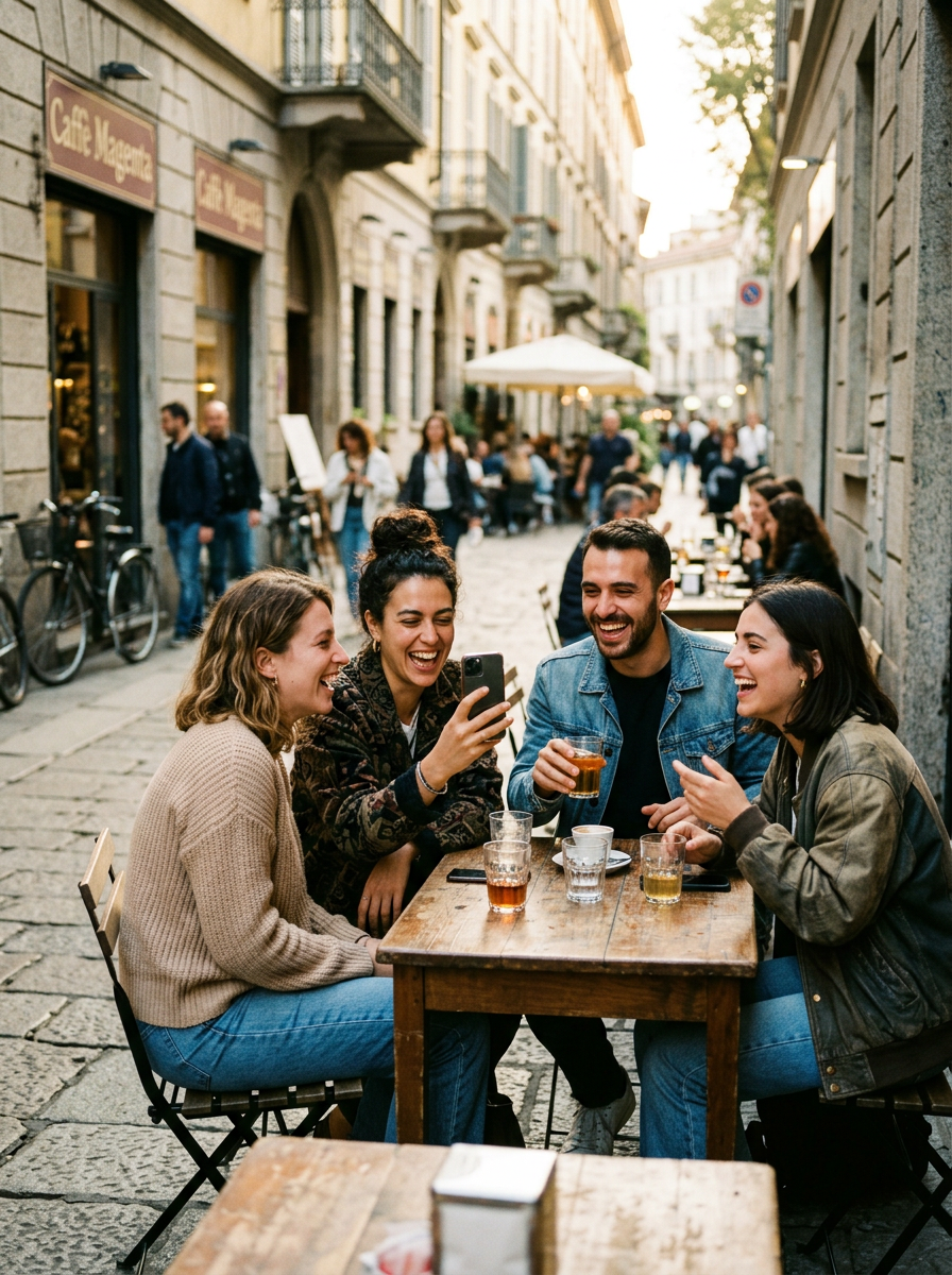 Un gruppo di amici milanesi ride insieme in strada mentre uno di loro riprende un video verticale con lo smartphone
